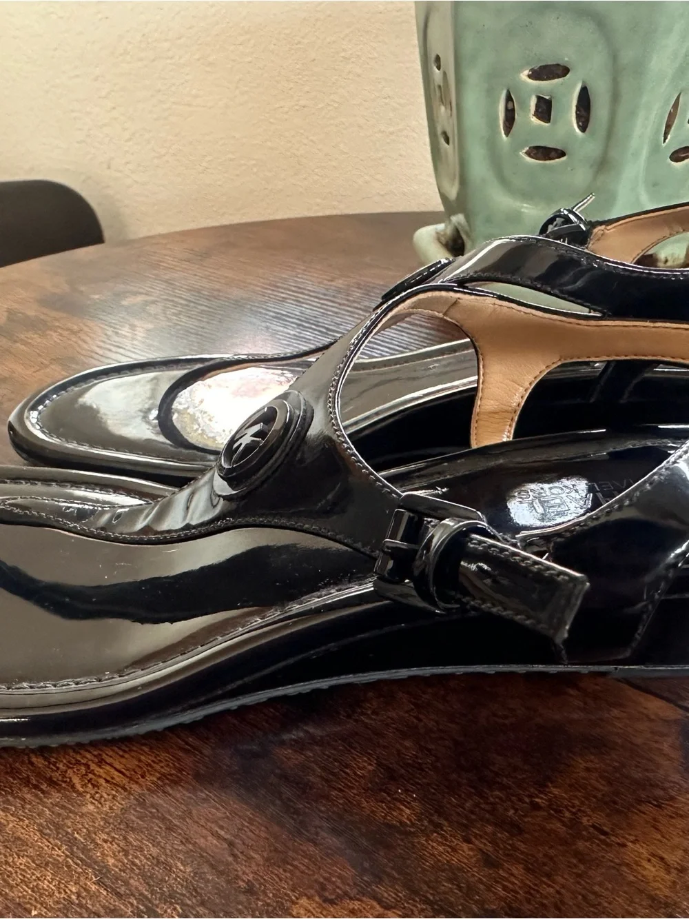 Michael Kors Black Patent T-Strap Sandals with Logo Medallion